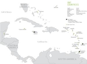 Caribbean map showing UWI countries and campuses.